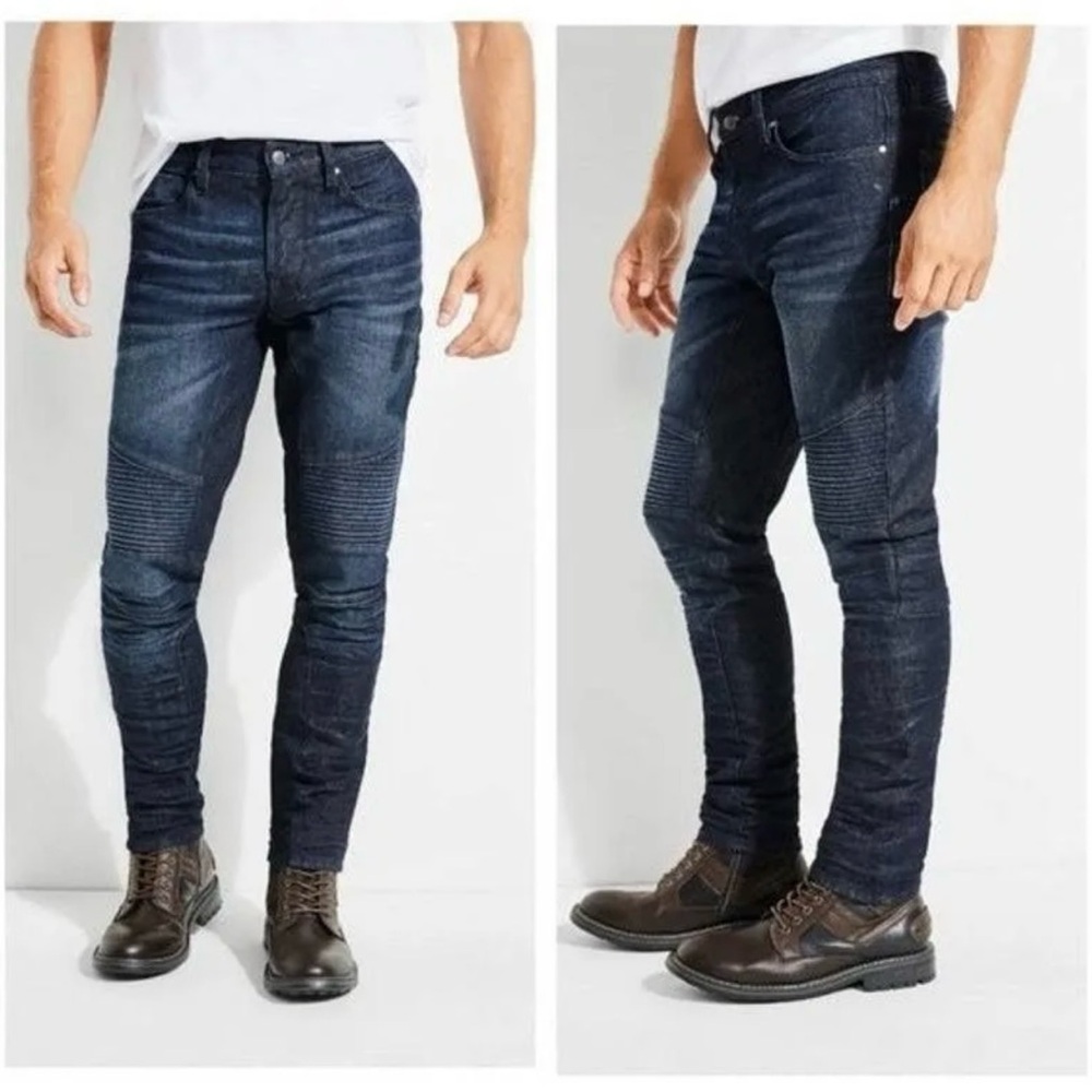 Guess Mens Dark Denim Slim Taper Moto Jeans 36x32